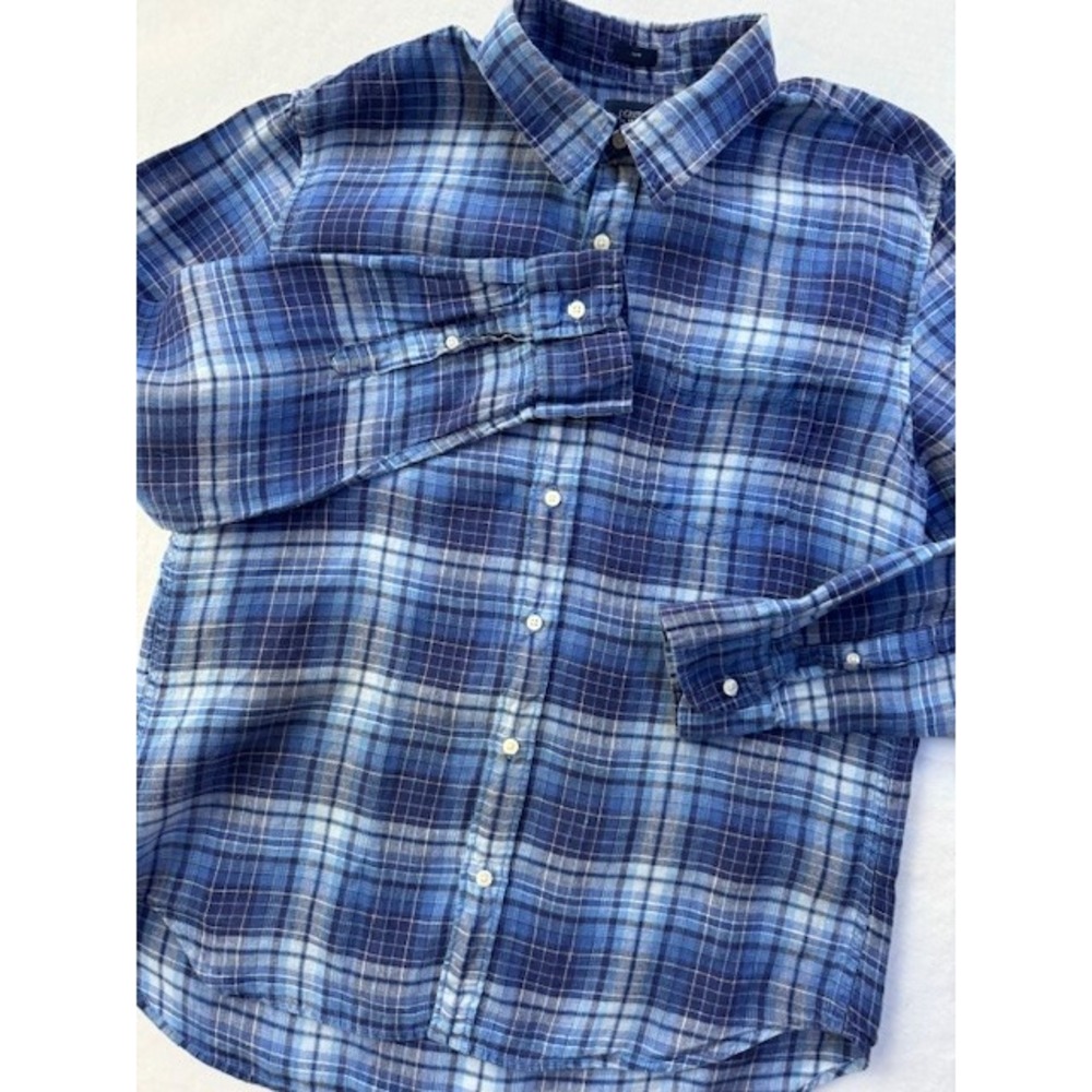 J CREW 100%‎ Linen Shirt Blue Plaid Long Sleeve Button Up C1575 Mens XL Slim Fit